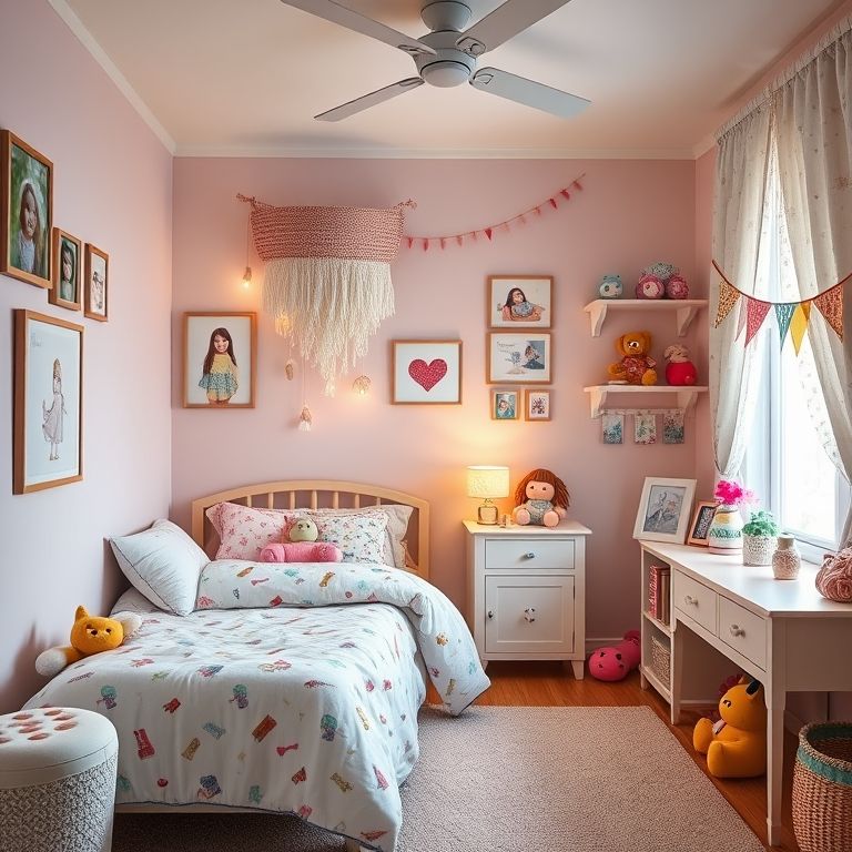 Quarto de menina decorado com itens personalizados: fotos, desenhos e brinquedos favoritos.