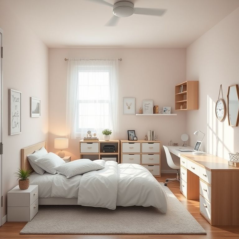 Quarto de menina minimalista destacando a importância da organização.