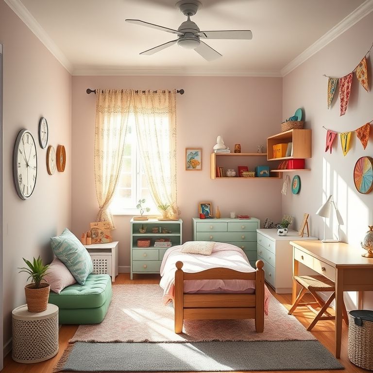 Quarto de menina organizado com decoração colorida e luz natural.
