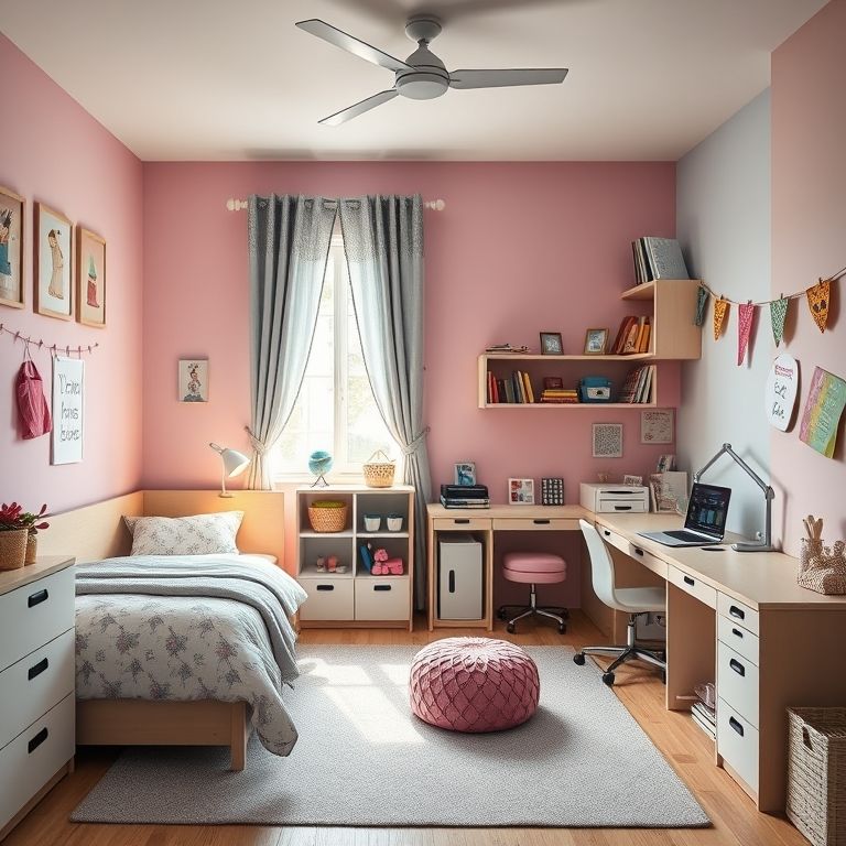Quarto de menina organizado com zonas distintas para dormir, estudar e brincar.
