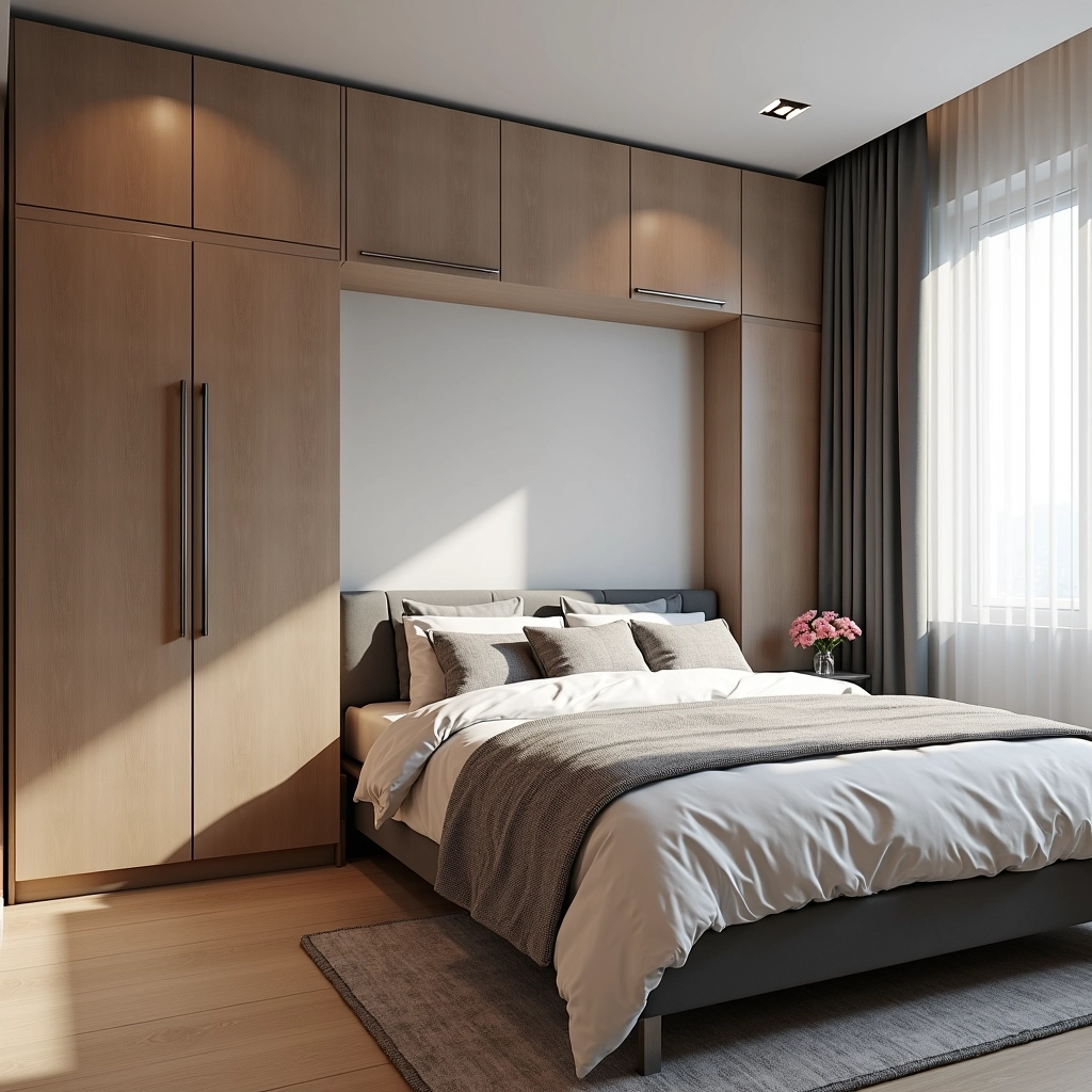 Um quarto pequeno de casal bem organizado com soluções inteligentes de armazenamento.
