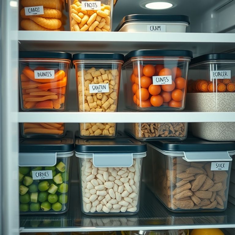 Recipientes com etiquetas de identificação na geladeira.