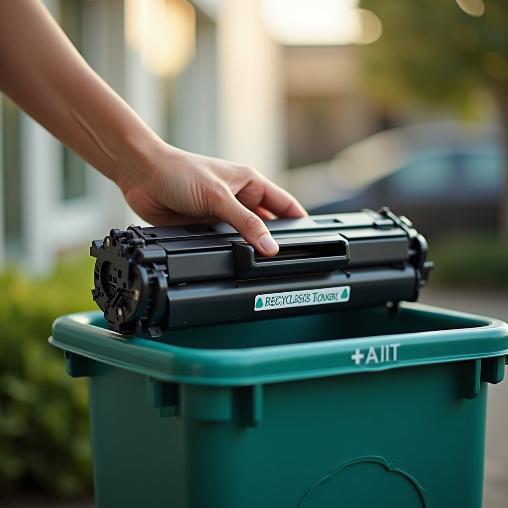 Recycling toner cartridge, hand placing in recycling bin, natural light, commercial photography, 8K Reciclagem de toner de impressora.