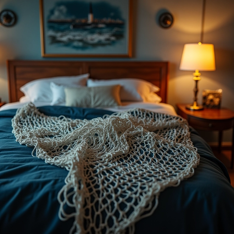 Rede de pesca sobre uma cabeceira de cama, quarto com tema náutico.