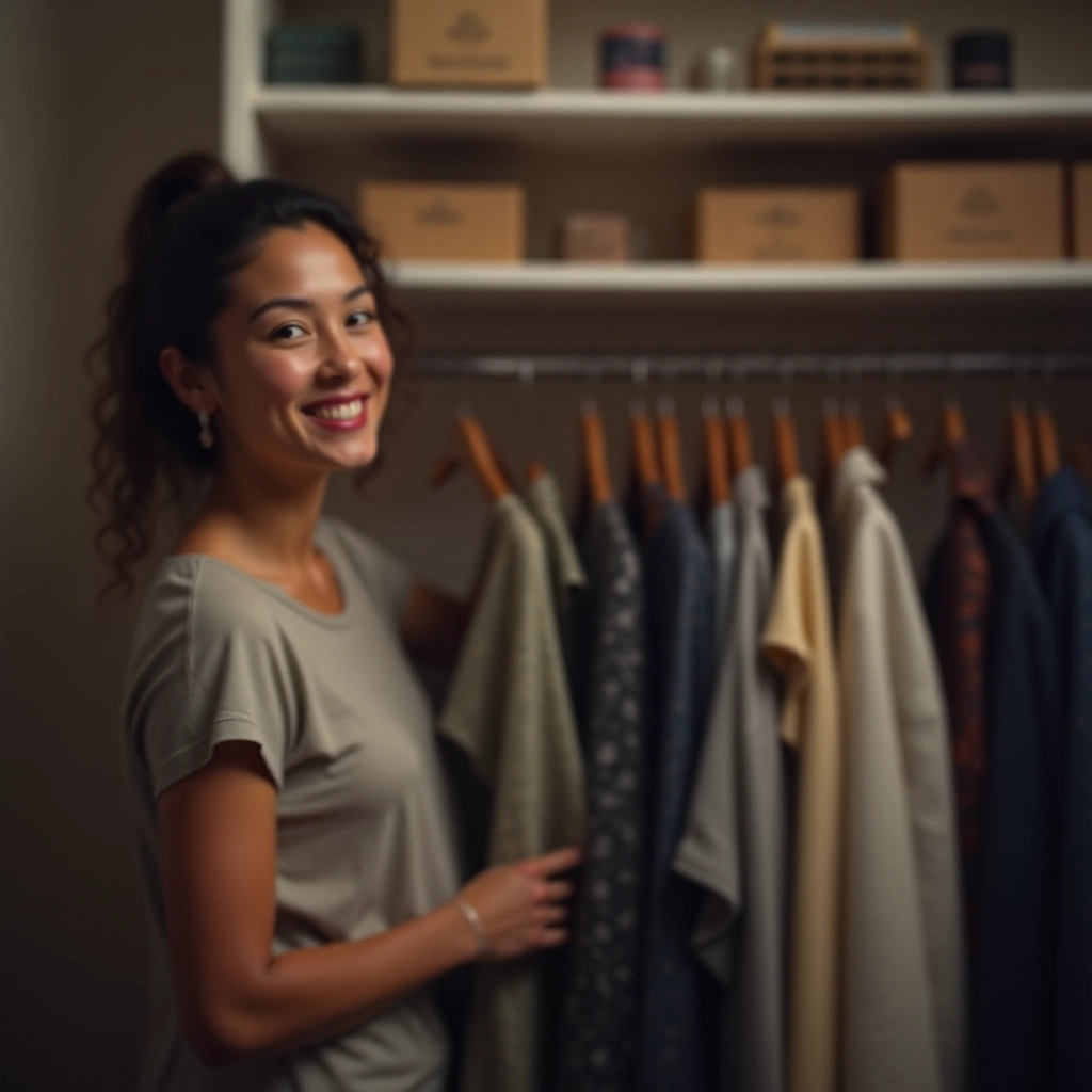 Uma pessoa sorrindo enquanto escolhe uma roupa em um guarda-roupa organizado com cabides padronizados.