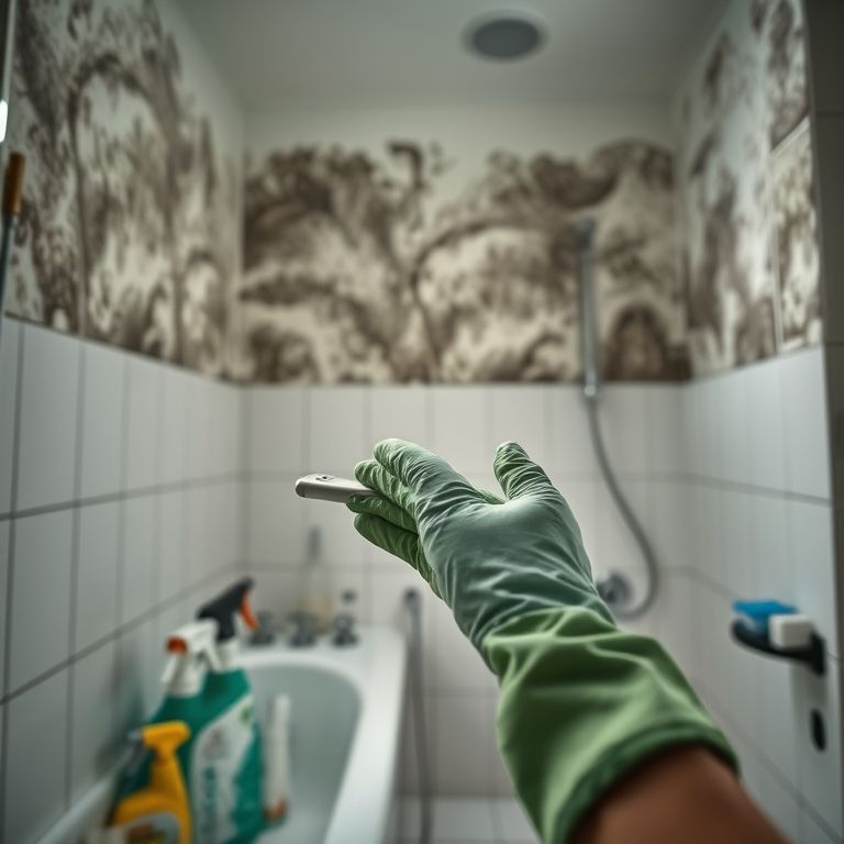 Removendo mofo do banheiro com produtos de limpeza.