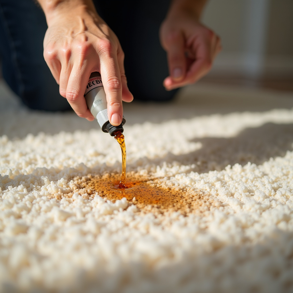 Removing stain from carpet with vinegar, close-up, natural light, professional photography, 8K Removendo manchas de carpete com vinagre.