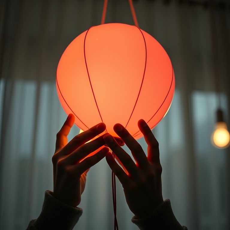 Retirando o balão da luminária de barbante.