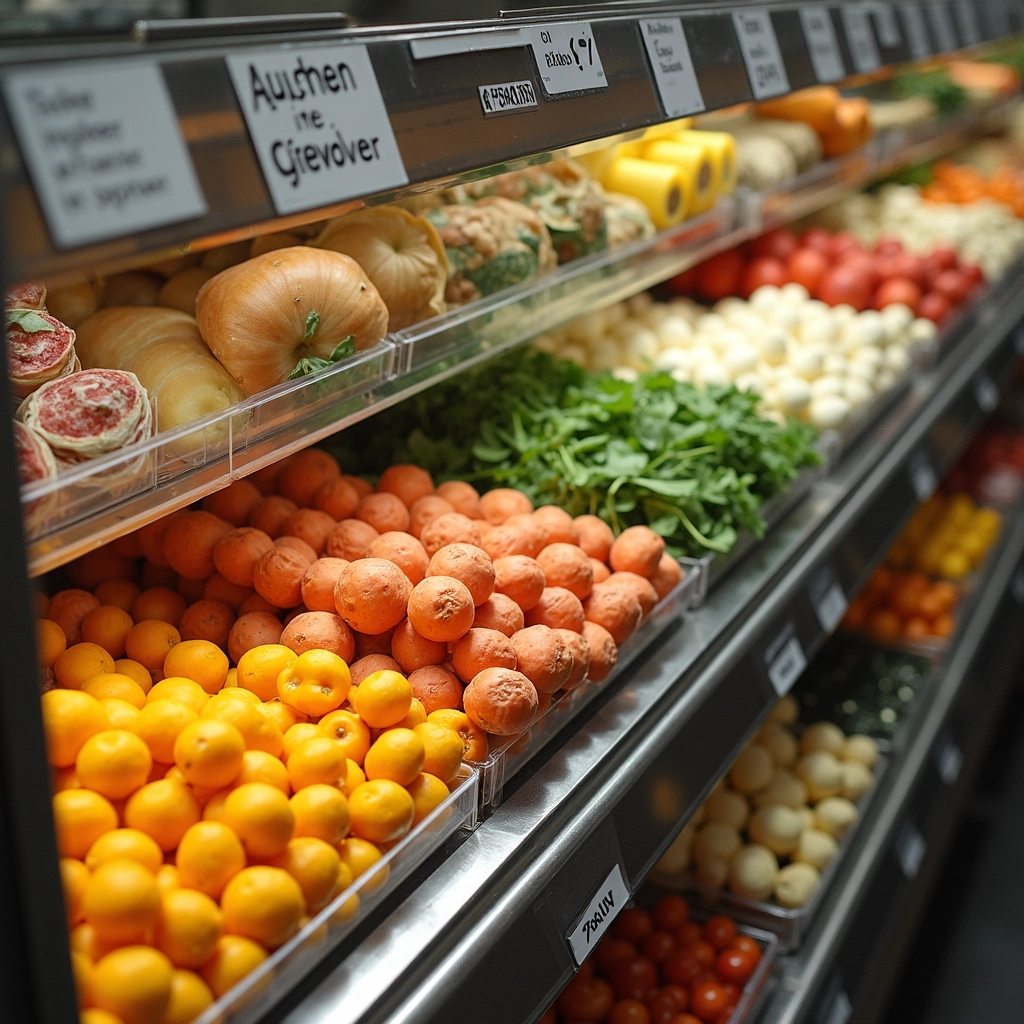 Sistema de rotação de estoque com alimentos mais antigos posicionados na frente e os mais novos atrás.