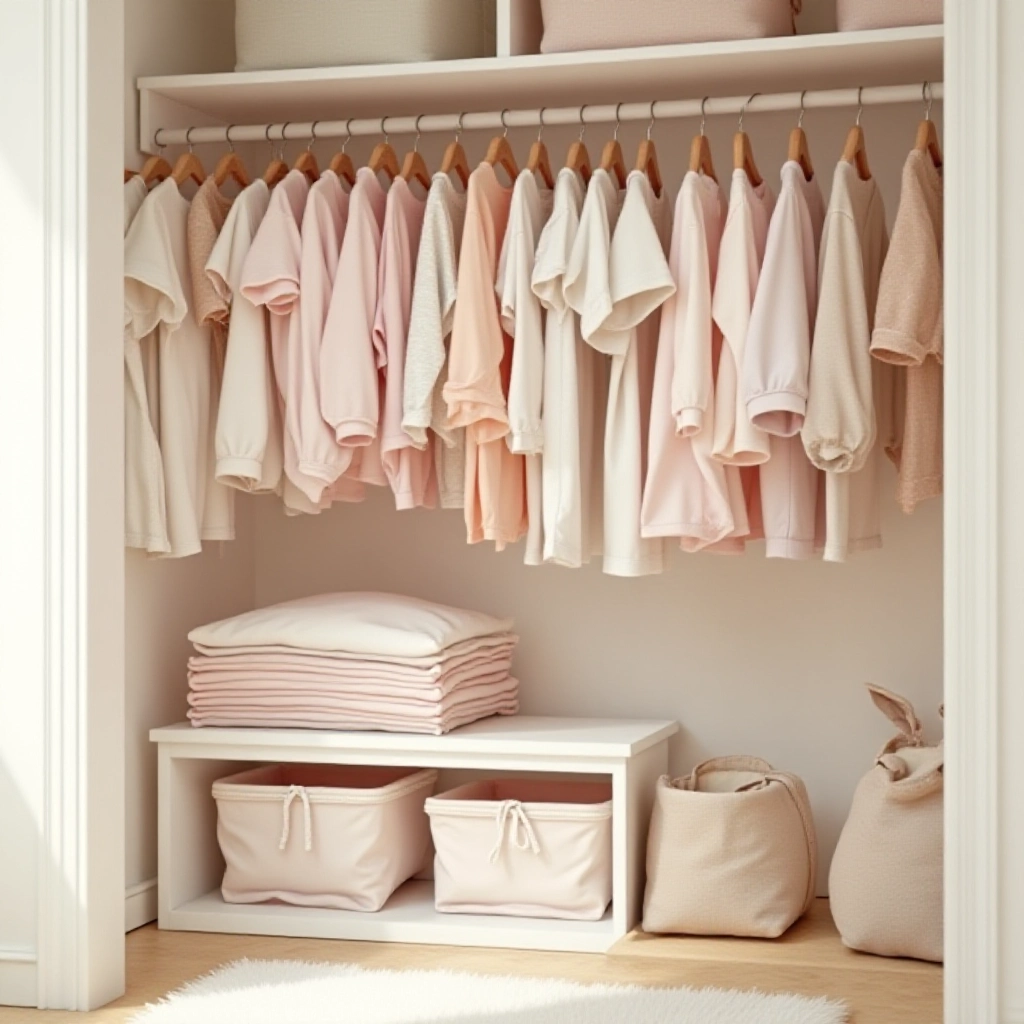 Roupas de bebê organizadas por tamanho e cor no armário.