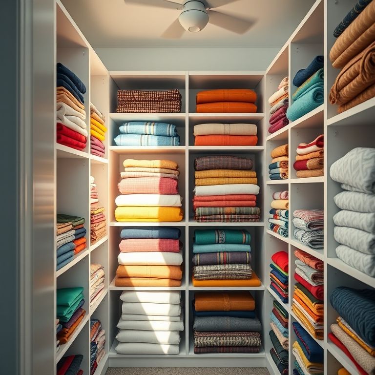Roupas dobradas verticalmente em um guarda-roupa organizado e iluminado.