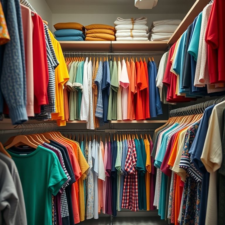 Roupas organizadas por tipo em prateleiras e cabides.