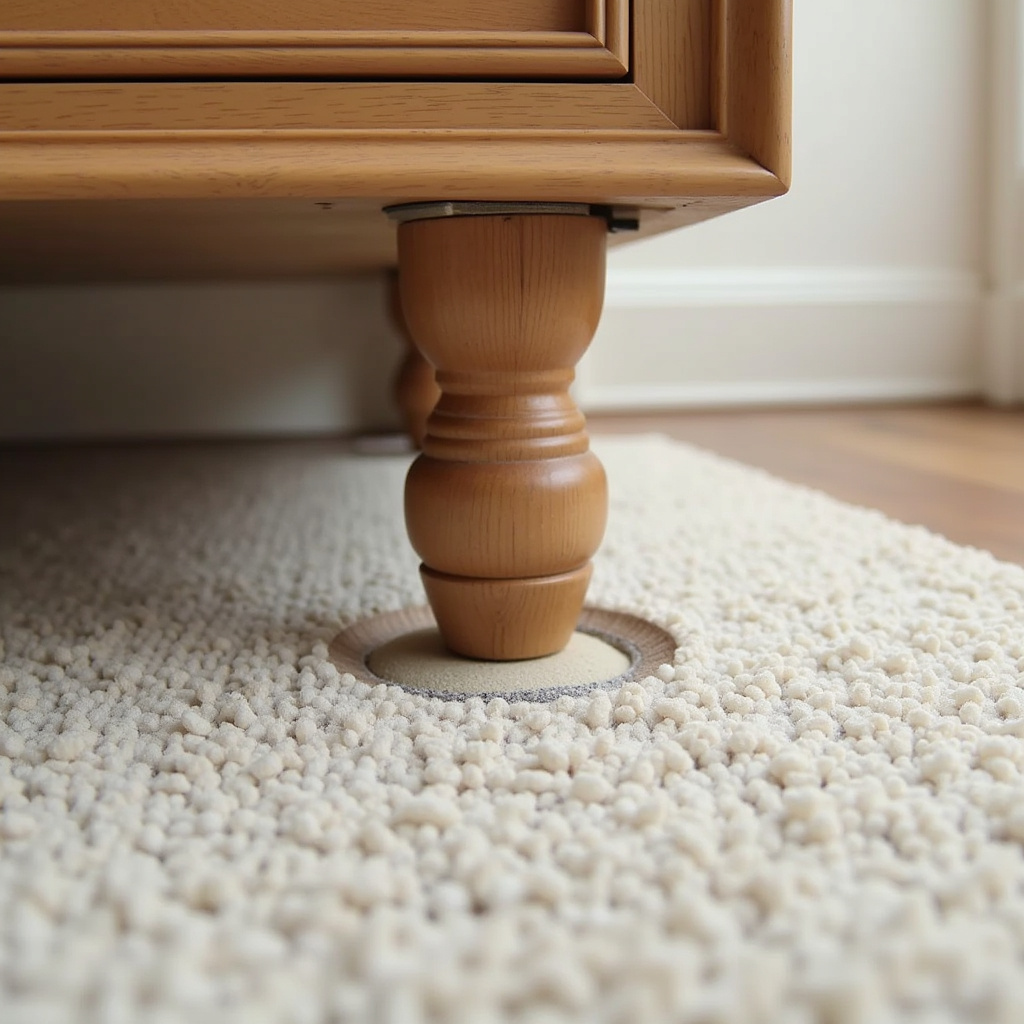 Rug protectors under furniture legs, preventing wear and tear, bright, clean, 8K, 1:1 aspect ratio. Protetores de tapete sob os pés dos móveis para evitar desgaste.
