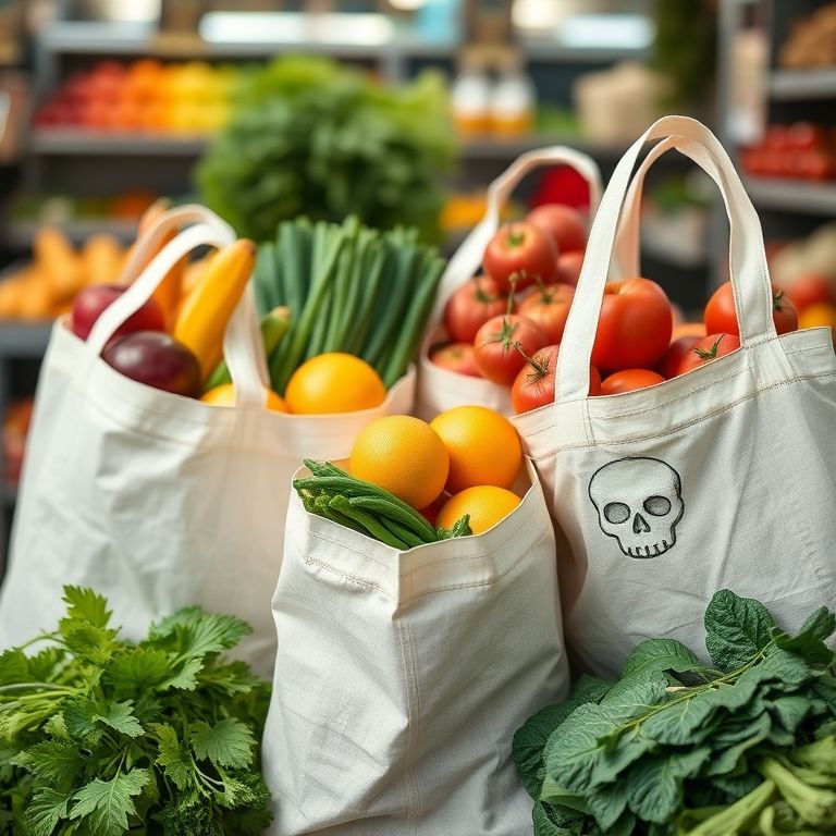 Sacolas reutilizáveis cheias de frutas e legumes frescos.