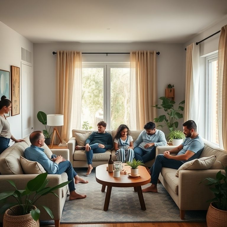 Sala aconchegante com decoração sustentável e família diversa.