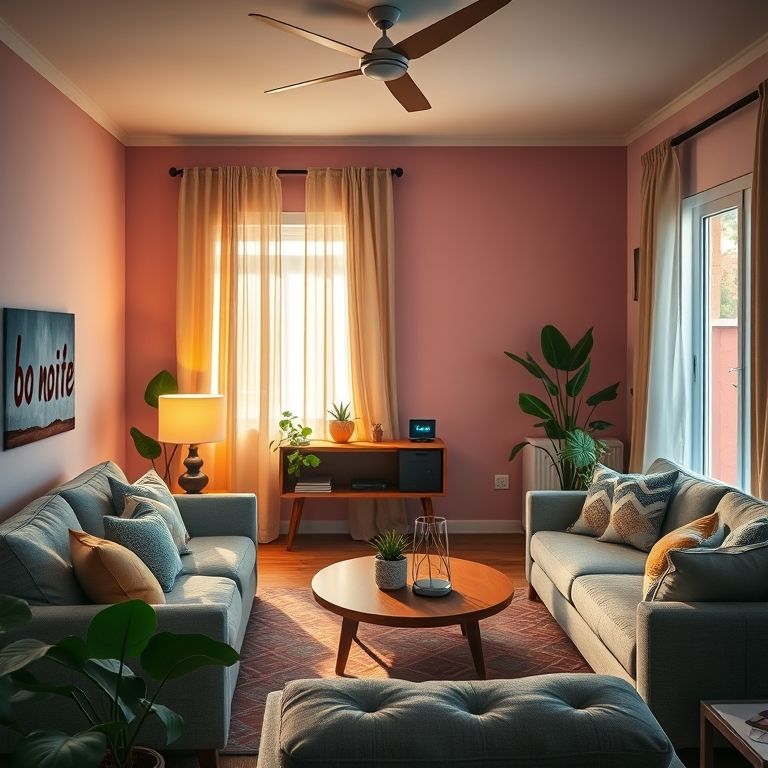 Sala de estar aconchegante com Alexa controlando dispositivos inteligentes.