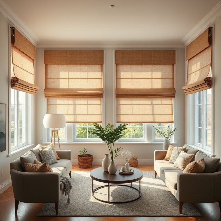 Sala de estar aconchegante com cortinas romanas, atmosfera calorosa e elegante.