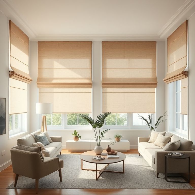 Sala de estar com cortinas romanas claras e neutras, decoração segura e elegante com luz natural.