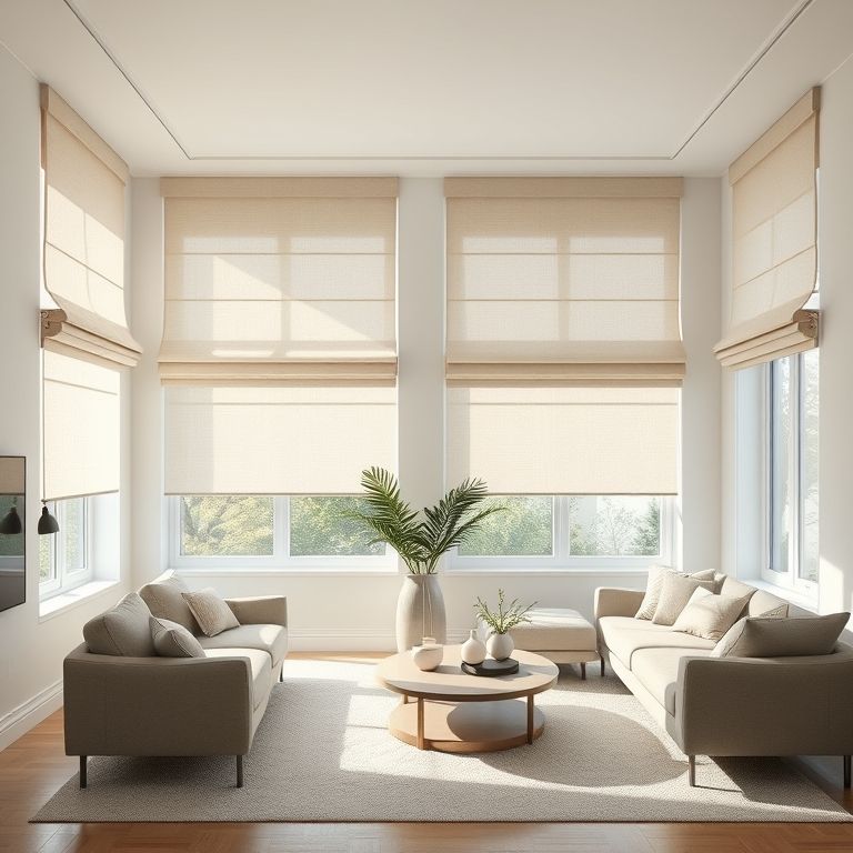 Sala de estar com cortinas romanas de tecido leve, luminosidade e fluidez em decoração minimalista.