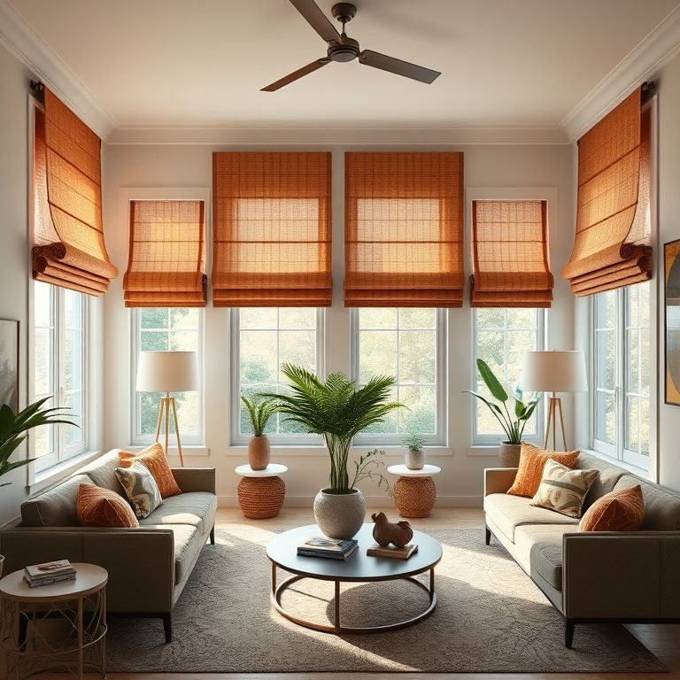 Sala de estar com cortinas romanas e acessórios decorativos, realçando a decoração em design brasileiro.