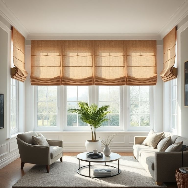 Sala de estar com cortinas romanas sob medida, ajuste perfeito para a janela e design elegante.