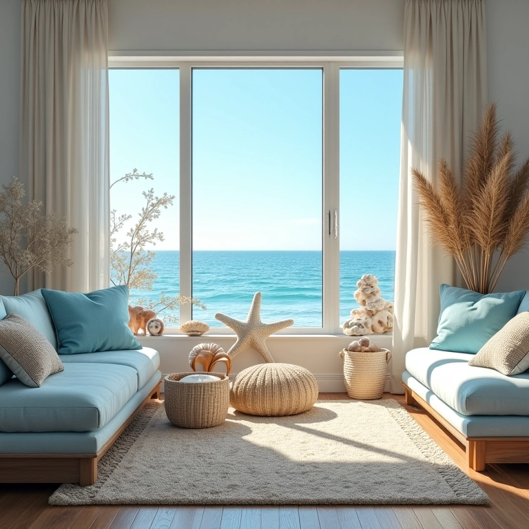 Sala de estar com decoração inspirada na praia, com conchas, estrelas do mar e areia.