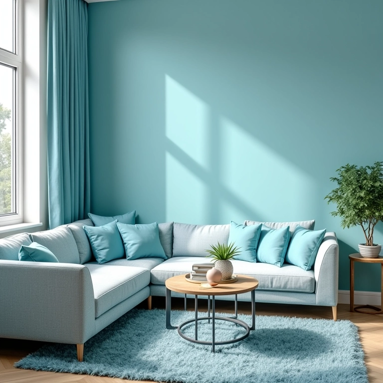 Sala de estar com detalhes em azul e turquesa, paleta de cores inspirada no oceano.