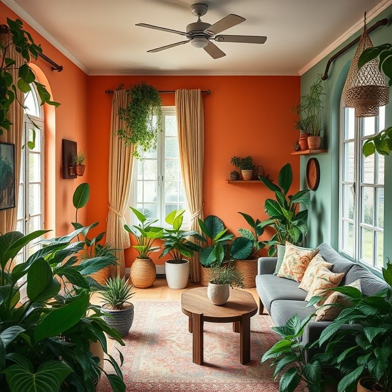 Sala de estar decorada de forma sustentável, com plantas e luz natural.