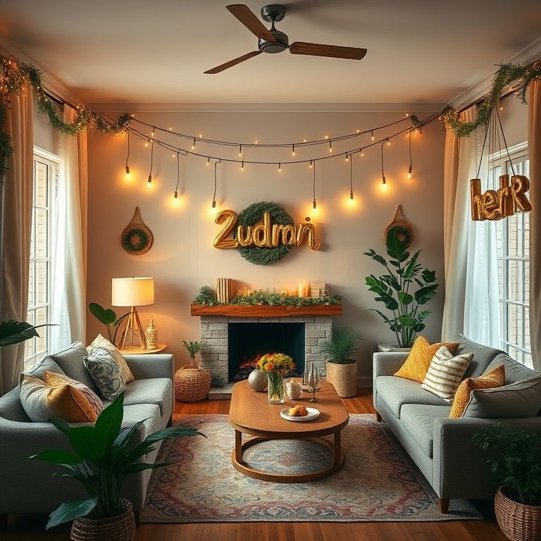 Sala de estar decorada para o Ano Novo com iluminação natural e detalhes dourados.