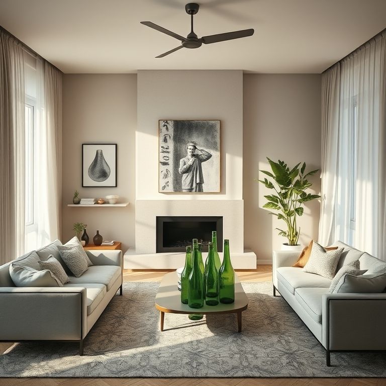 Sala de estar elegante decorada com garrafas de vidro reaproveitadas.