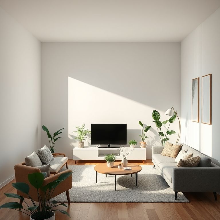 Sala de estar minimalista com poucos itens essenciais e plantas.