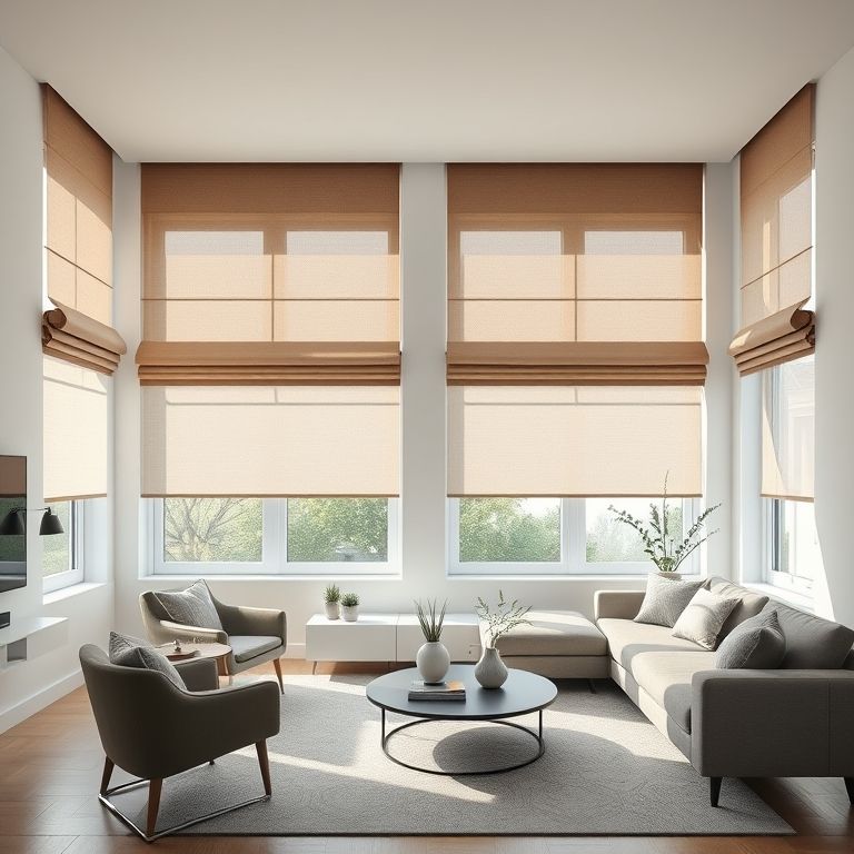Sala de estar moderna com cortinas romanas motorizadas, praticidade e tecnologia em design minimalista.