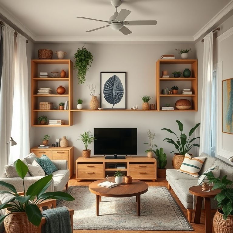 Sala de estar organizada com decoração brasileira.