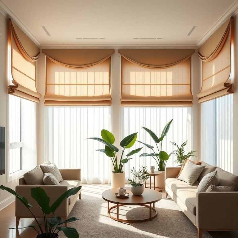 Sala de estar sofisticada com cortinas romanas bege, iluminação natural e design brasileiro.