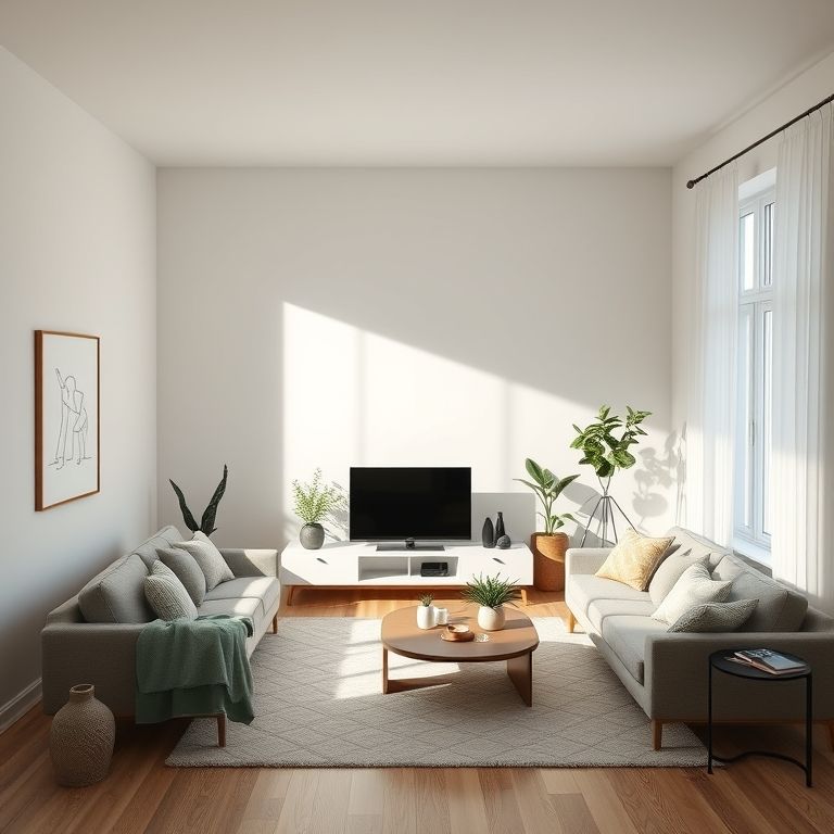 Sala minimalista com poucos objetos e iluminação natural.