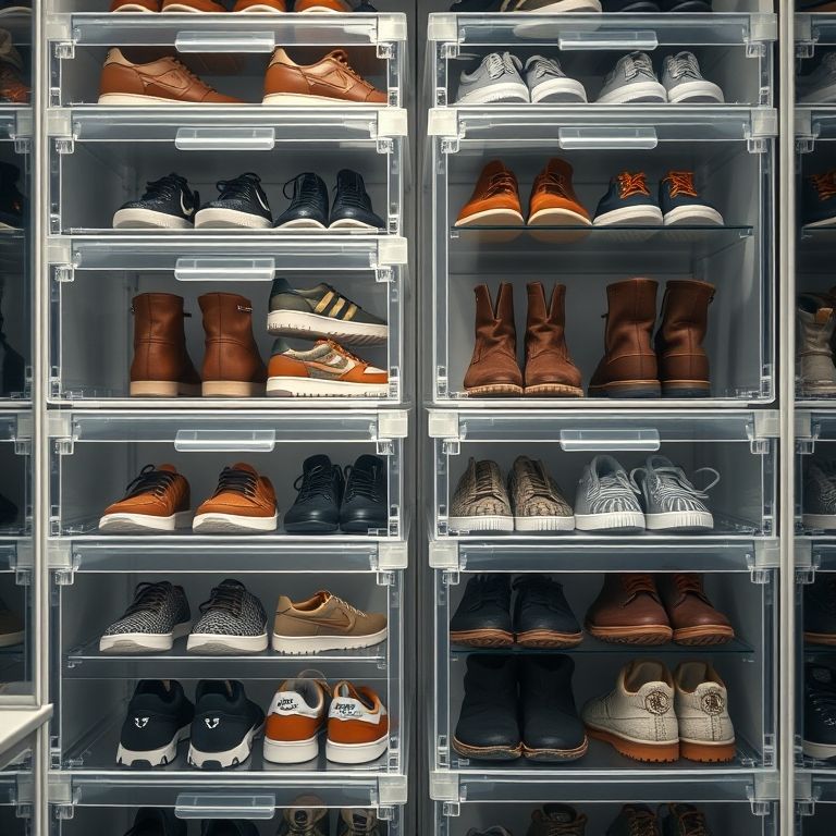 Sapatos organizados em caixas transparentes.