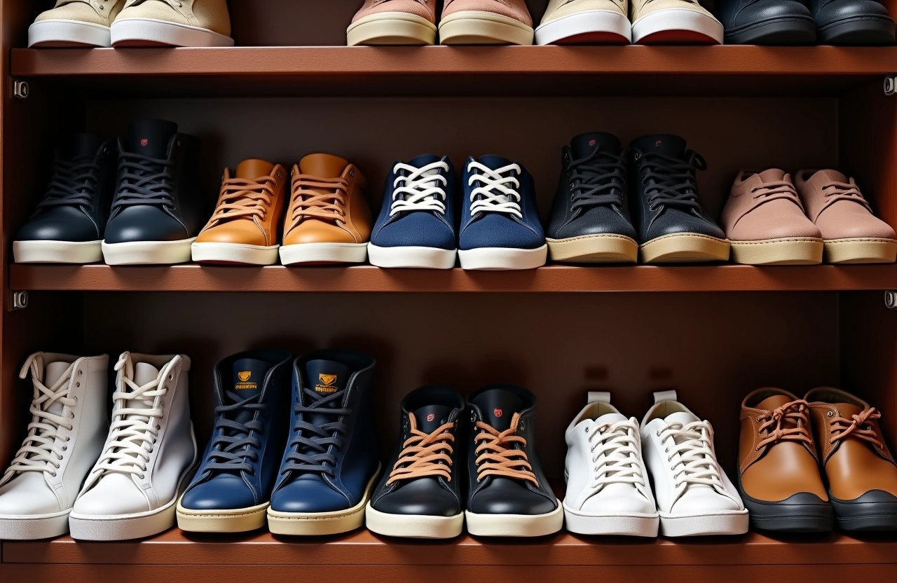 Sapatos agrupados por tipo (tênis, sandálias, sapatos sociais) em um guarda-roupa.