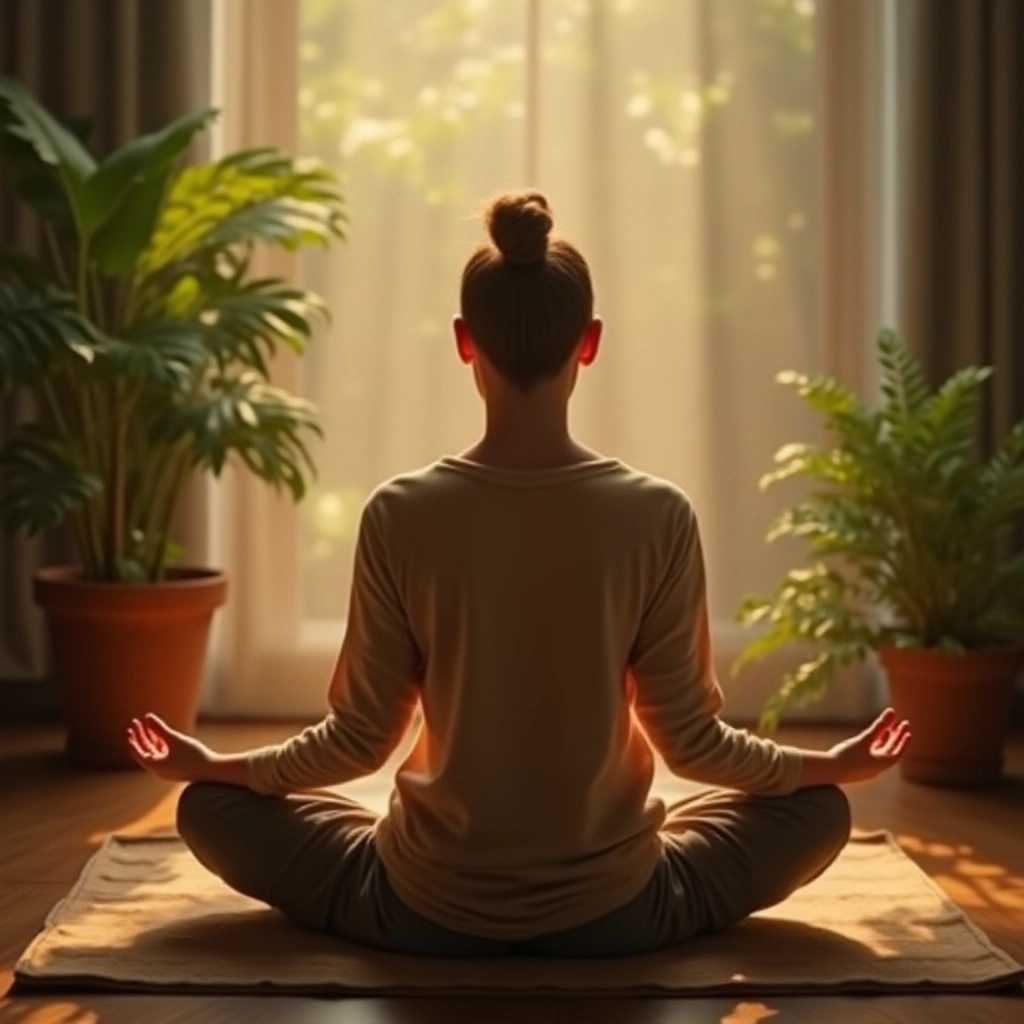 Uma pessoa meditando em um ambiente tranquilo.