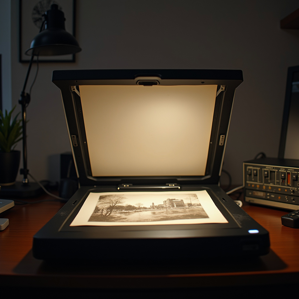 Scanning old photo on a flatbed scanner, bright light, Brazilian home office, 8K quality, Digitalizando foto antiga em scanner.