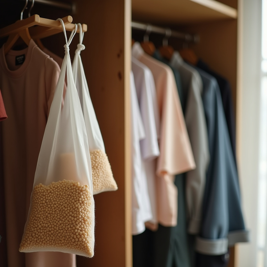 Scented sachets hanging inside a wardrobe, clothes visible. Natural light, lifestyle photography, Sachês perfumados pendurados no guarda-roupa para proteger do mofo.