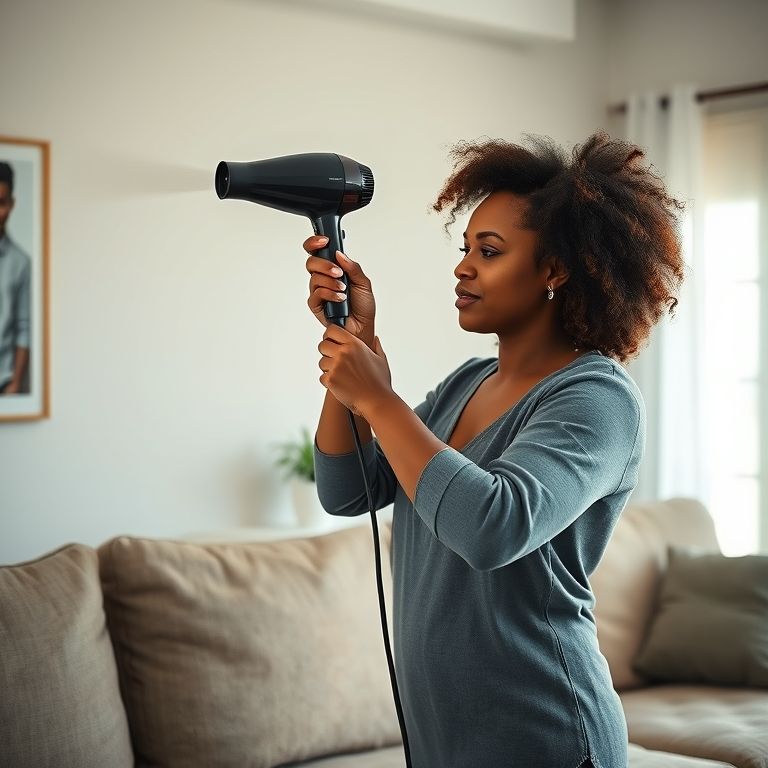 Secando o sofá com secador de cabelo para uma secagem rápida.