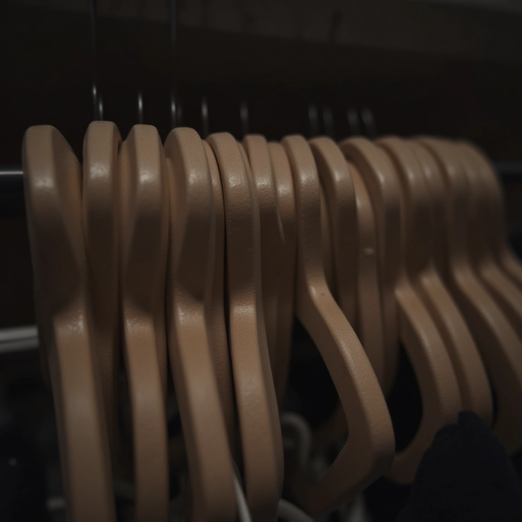 Um close-up de um guarda-roupa impecavelmente organizado, transmitindo uma sensação de cuidado e atenção aos detalhes.