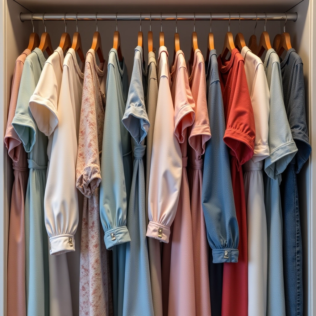 Setorize as roupas por tipo para facilitar a organização. Roupas infantis femininas separadas por tipo em um guarda-roupa.