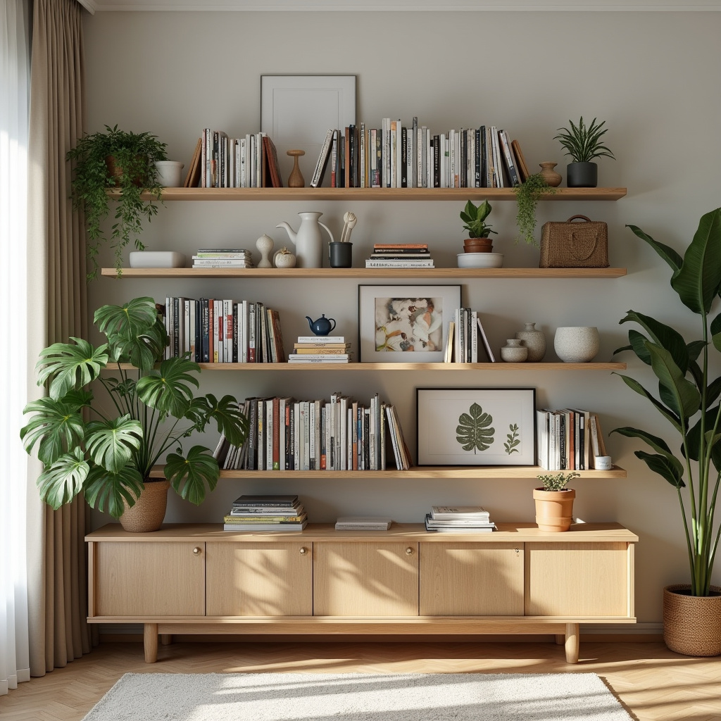 Shelves with albums, boxes, decorative items, Brazilian living room, plants, 8K, lifestyle Nichos e estantes com fotos e objetos.