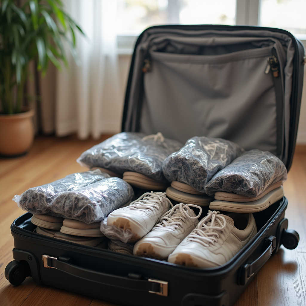 Shoes packed in plastic bags inside suitcase, travel organization, bright room, natural light, 8K Organizando sapatos na mala.