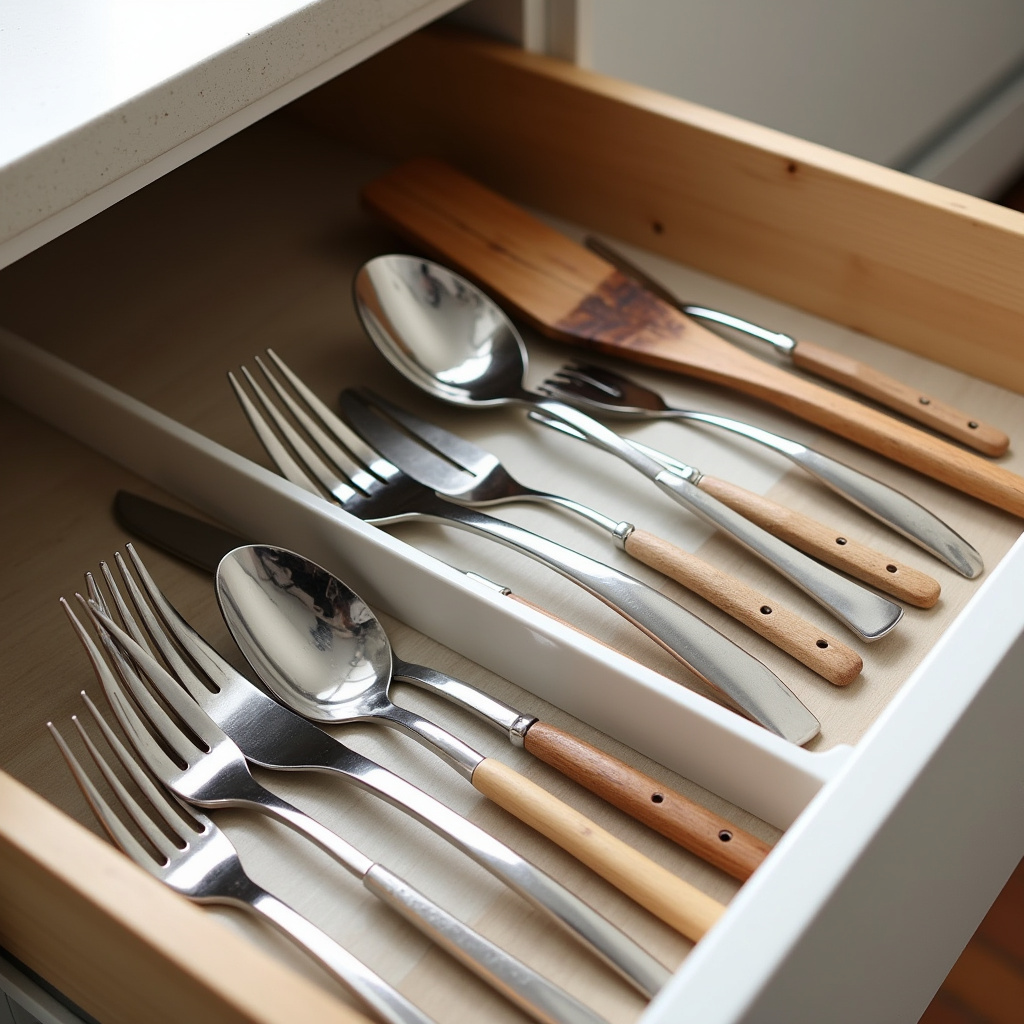 Talheres e utensílios de cozinha organizados juntos.