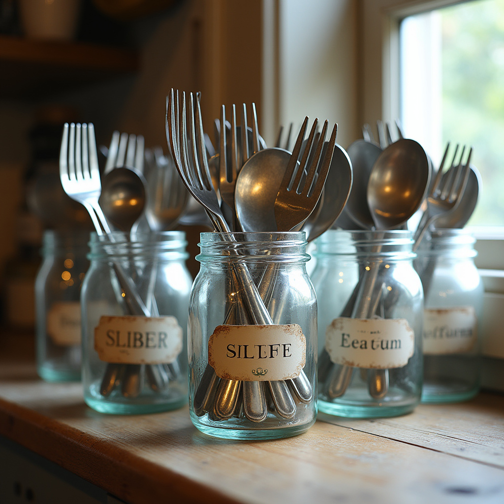 Talheres em potes de vidro com etiquetas.