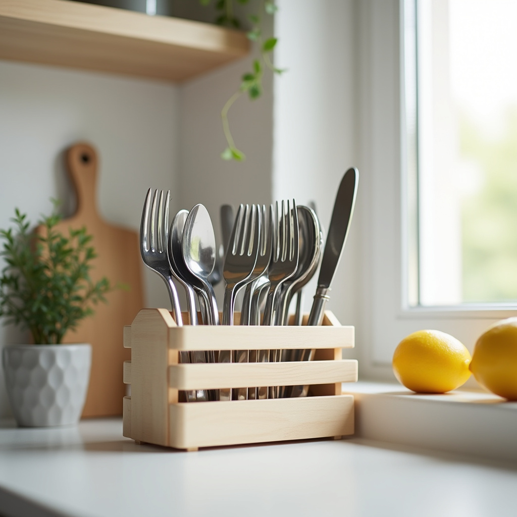 Talheres em organizador vertical em cozinha pequena.