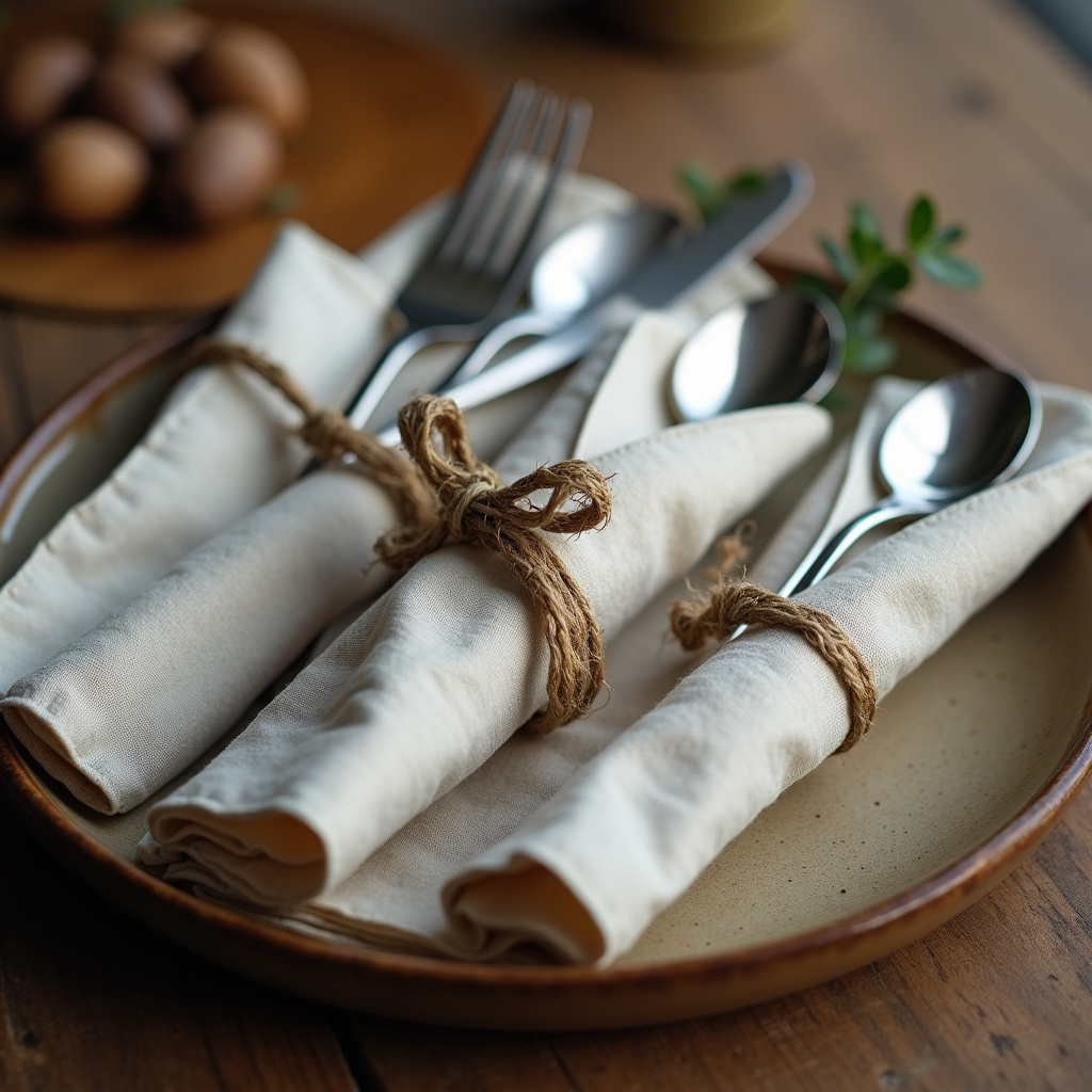 Talheres enrolados em guardanapo com laço.
