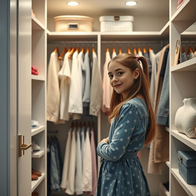 Sistema de closet inteligente para quarto de menina, com roupas sempre à mão.